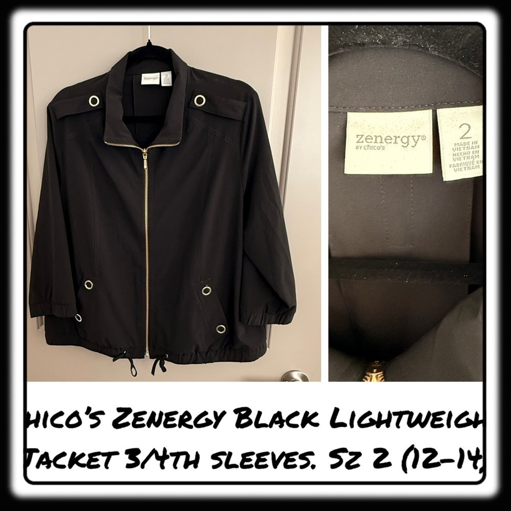 Chicos Zenergy black lightweight jacket gold accents 3/4 sleeves sz 2 (12-14)